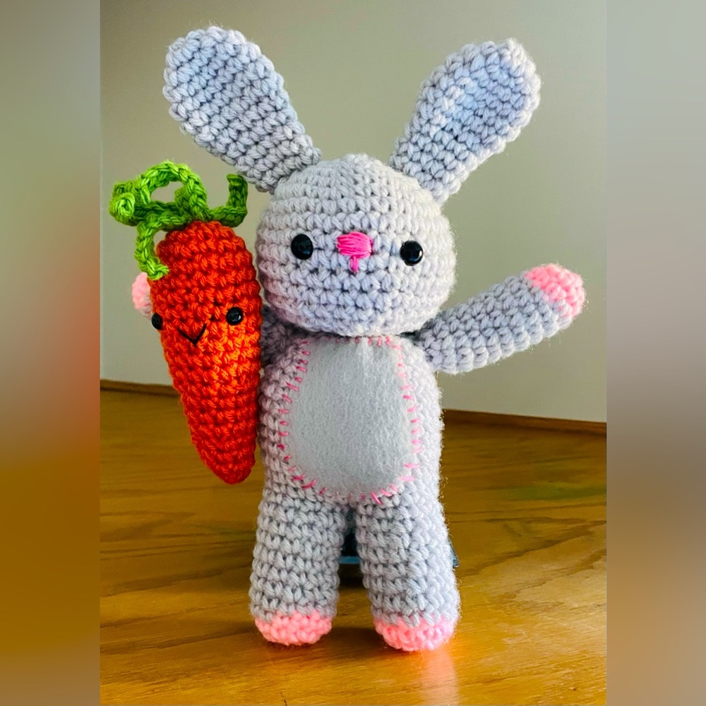 Handmade crocheted bunny and carrot.